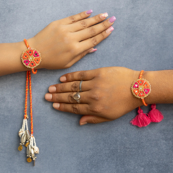 Pink Orange mirror work Beaded Lumba Rakhi pair set