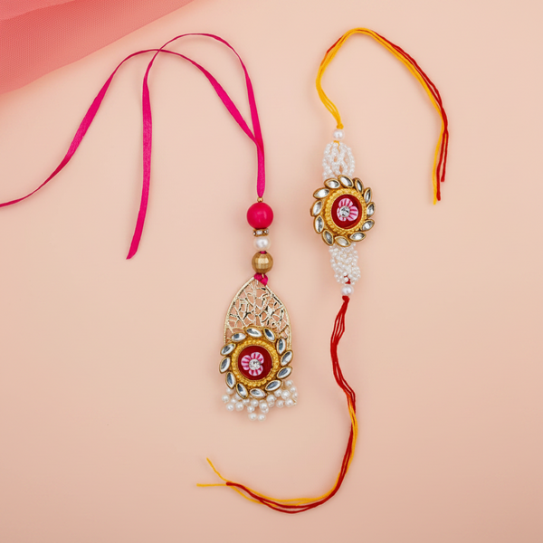 Metal Red Stone Rakhi Pair set