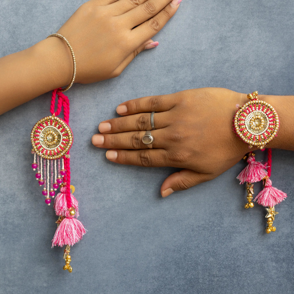 Pink Golden taseel Beaded Lumba Rakhi pair set