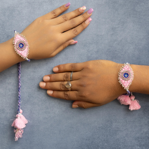 Pink blue  evil Eye Beaded Lumba Rakhi pair set