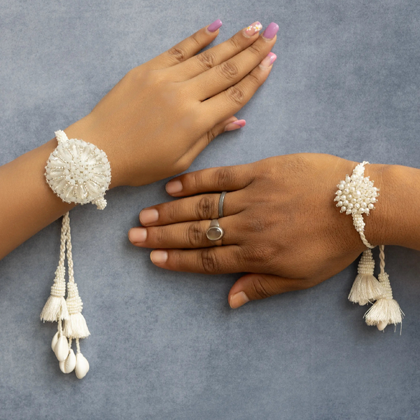 White pearl  Beaded Lumba Rakhi pair set
