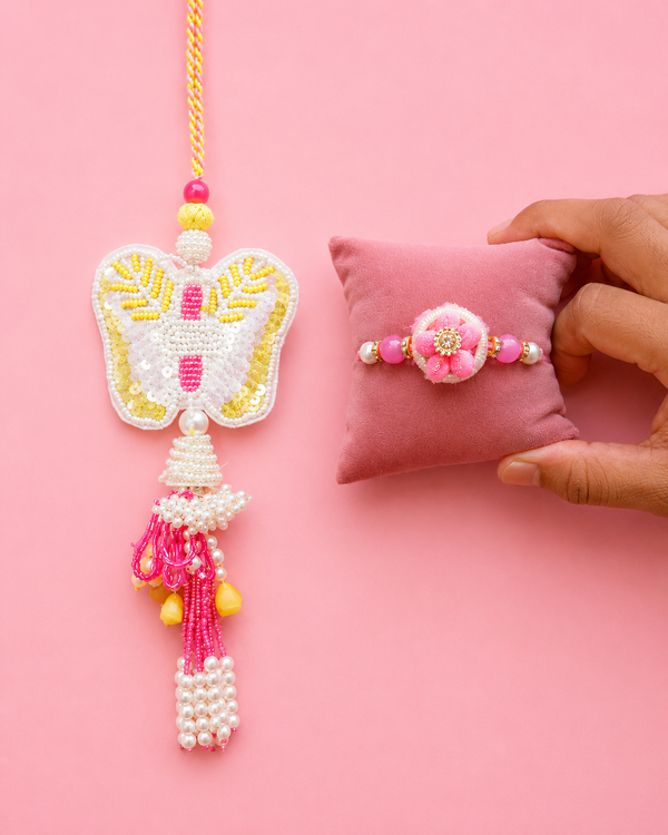 Yellow pink butterfly bhabhi lumba + bhai rakhi set