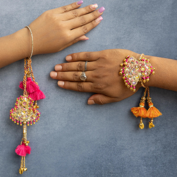 multicolor threadwork Golden Beaded Lumba Rakhi pair set