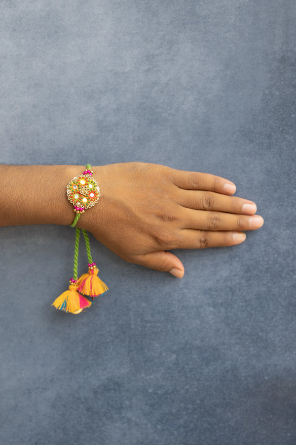 Bhai Green Yellow mirror work Beaded Bulk Rakhi