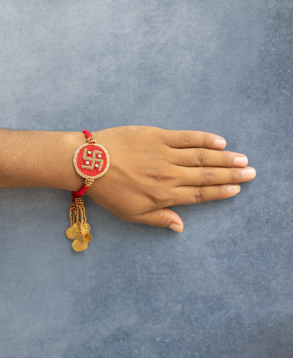 Bhai Red Swastik Beaded Rakhi