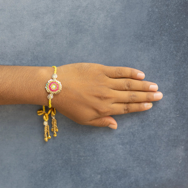 Bhai Golden Yellow Flower Beaded Rakhi