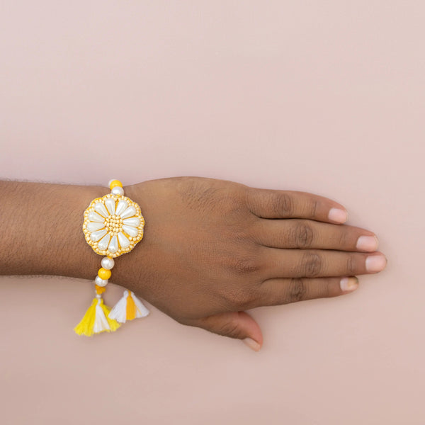Bhai Yellow White Flower Beaded Rakhi