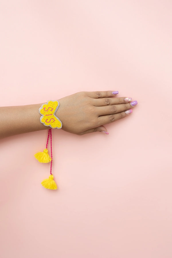 SIS butterfly Bhabhi Yellow Pink Beaded lumba Rakhi