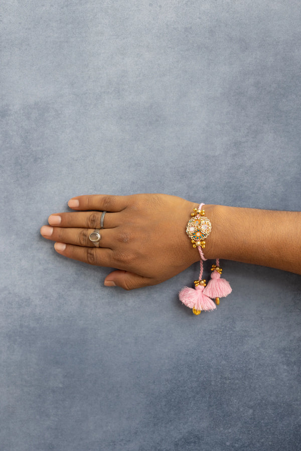 Blue Yellow pink mirror work  Beaded Lumba bulk Rakhi pair set