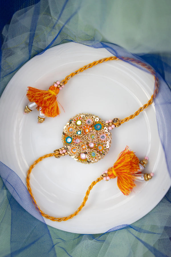 Bhai Orange Blue Beaded Rakhi