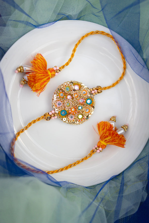 Bhai Orange Golden Beaded rakhi