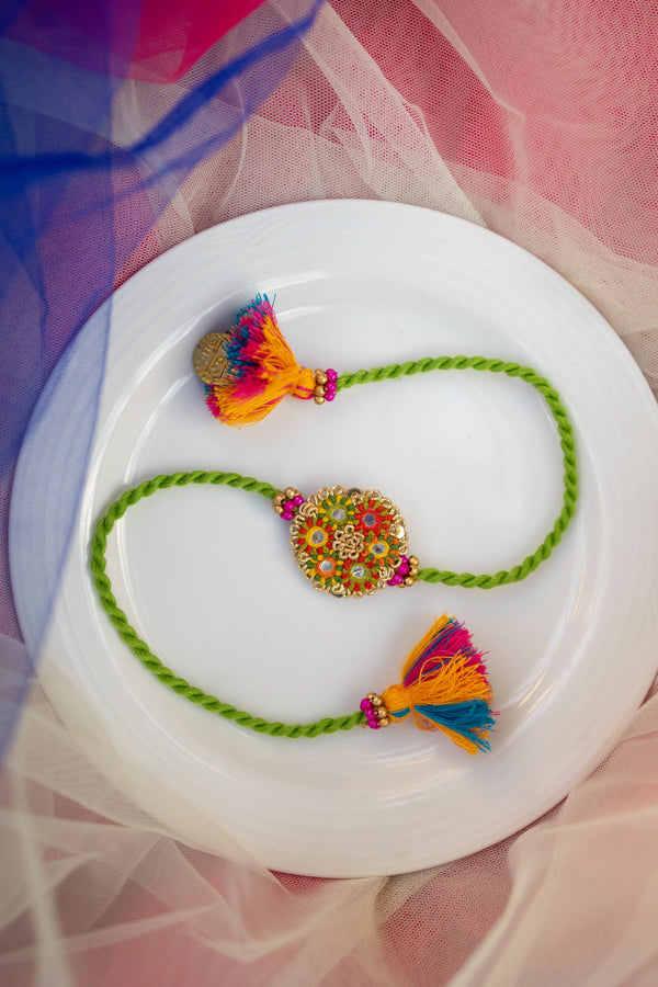 Bhai Green Yellow mirror work Beaded Rakhi