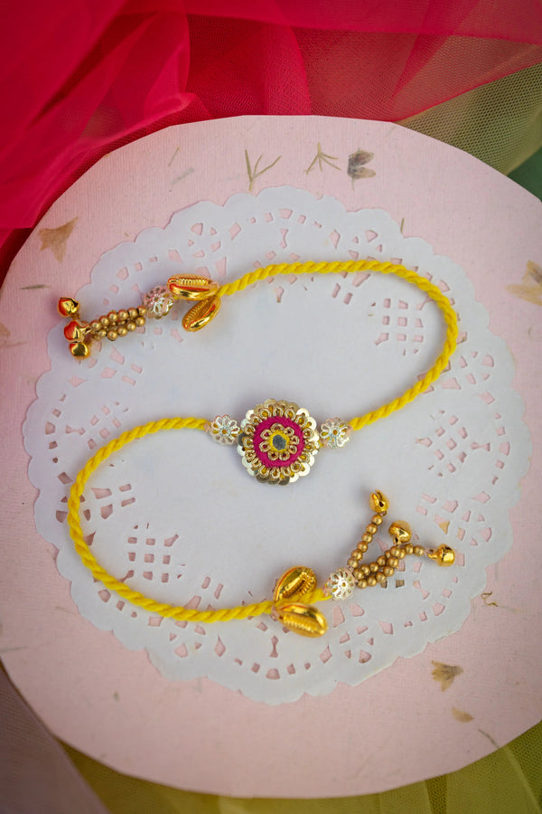 Bhai Golden Yellow Flower Beaded Rakhi