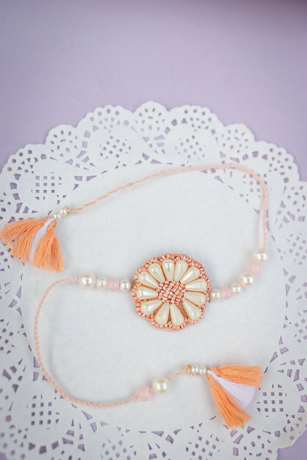 Bhai Pink White Flower Beaded Rakhi