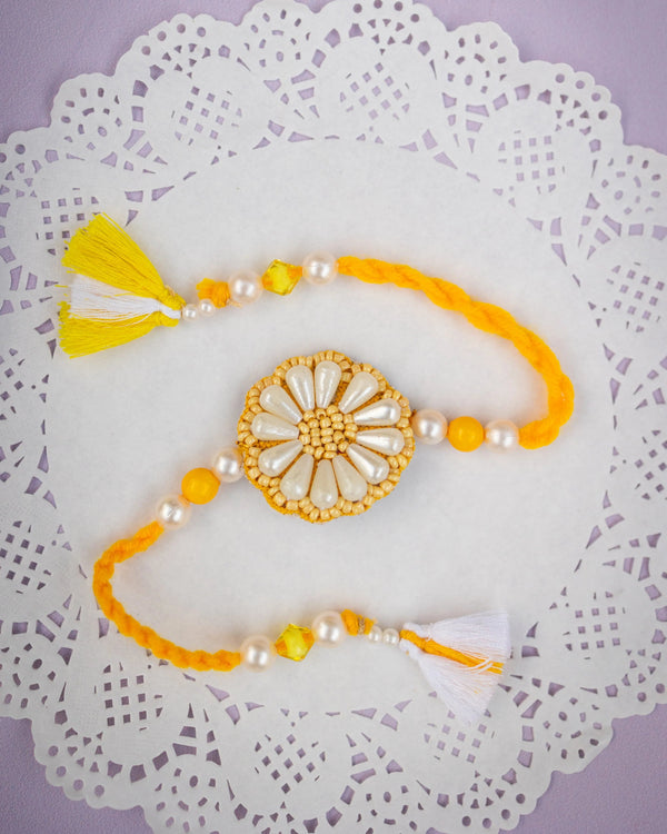 Bhai Yellow White Flower Beaded Rakhi
