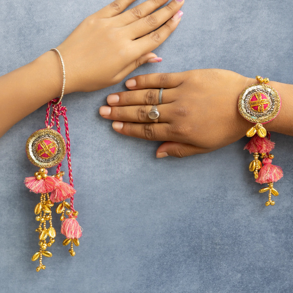 Pink Golden Beaded Lumba Rakhi pair set