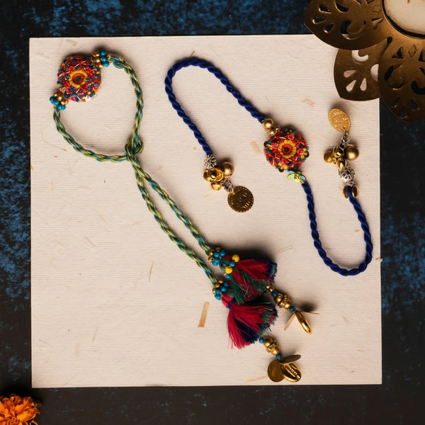 Blue Yellow with yellow cowrie Beaded Lumba Rakhi pair set