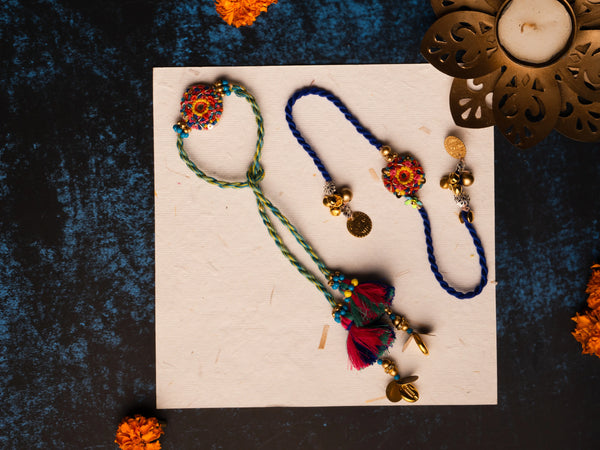 Blue Yellow with yellow cowrie Beaded Lumba bulk Rakhi pair set