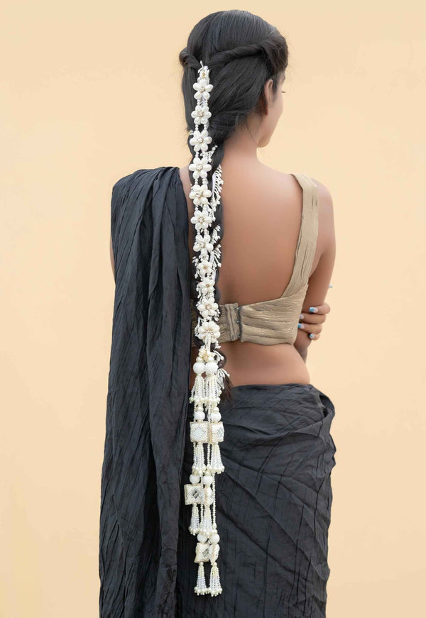 Shreya Hair Braids Hair Accessories (Pearl-String-long-Floral-veil-and-pair-of-tashell)