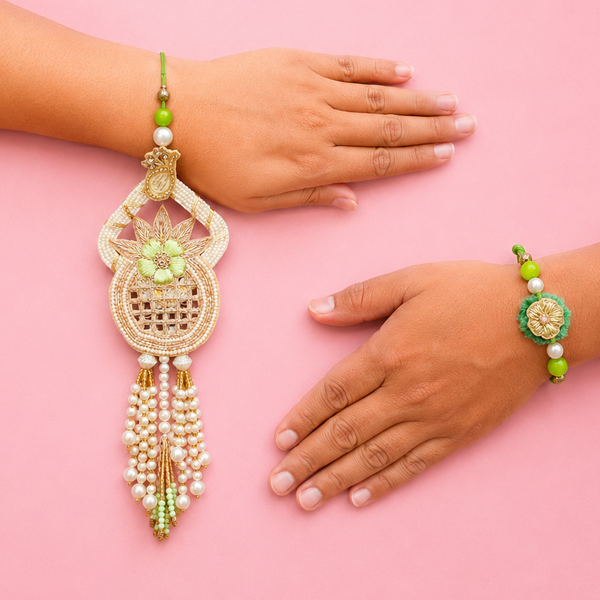 Mint green pearls bhabhi lumba + bhai rakhi set