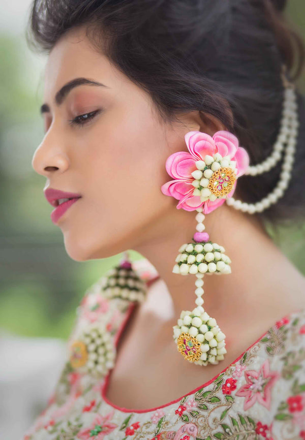 Tulip best seller vibrant Pink Floral Jhumka Earrings with Earchain