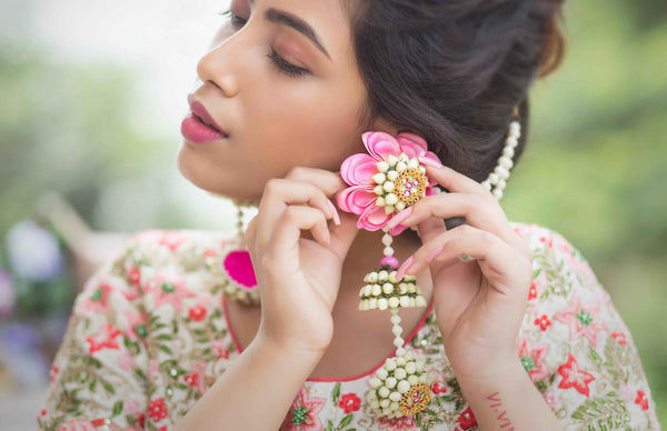 Tulip best seller vibrant Pink Floral Jhumka Earrings with Earchain