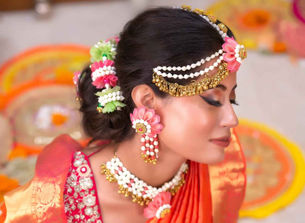 Phoenix Bridal Set with Pink Hand-Embroidered Florals and Elegant mogral Embellishments