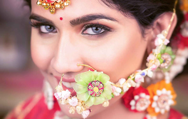 Trumpet vine Bridal Jewelry with Vibrant Hand-Embroidered Flowers and mogra accents