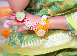 Trumpet vine Bridal Jewelry with Vibrant Hand-Embroidered Flowers and mogra accents
