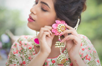 Tulip Handcrafted best seller double Jhumka Earrings with Earchain,tikka,choker Necklaces, shop-by-style, shop-by-vibe and Haathful with kaleeras