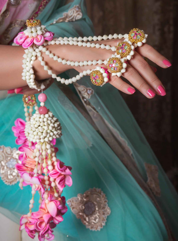 Vintage Rose floral Heirloom floral set with Jhumka Earrings with Earchain,tikka and pair of Haathful and kaleeral