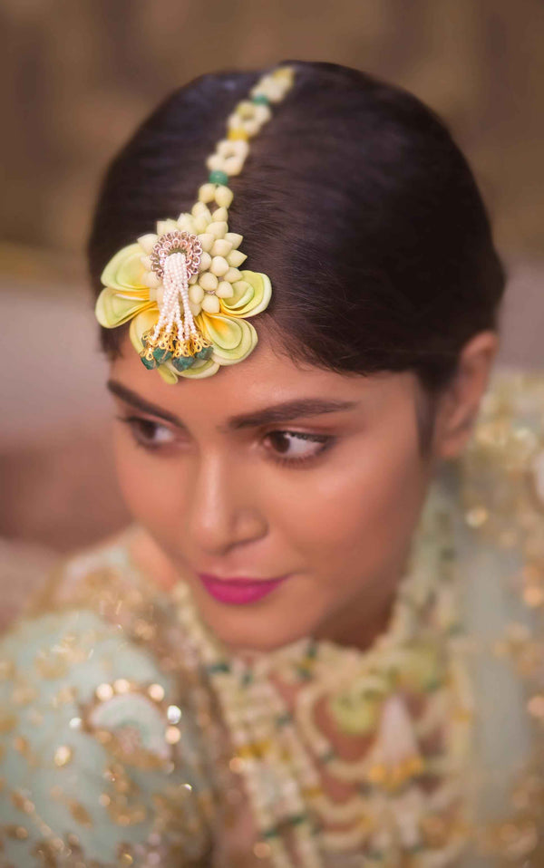 Lemon Blossom floral set with neklace,chandelior Earrings,tikka and pair of Bangless