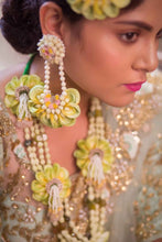 Lemon Blossom floral set with neklace,chandelior Earrings,tikka and pair of Bangless