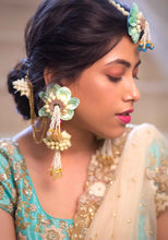 Aqua hydrangea real look-alike floral set with layered Necklaces, shop-by-style, shop-by-vibe Jhumka Earrings with Earchain,tikka and pair of Haathful and kaleeral