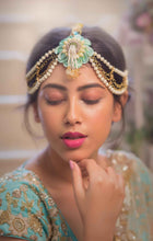 Aqua hydrangea real look-alike floral set with layered Necklaces, shop-by-style, shop-by-vibe Jhumka Earrings with Earchain,tikka and pair of Haathful and kaleeral