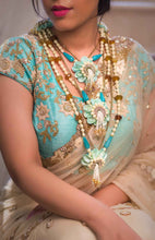 Aqua hydrangea real look-alike floral set with layered Necklaces, shop-by-style, shop-by-vibe Jhumka Earrings with Earchain,tikka and pair of Haathful and kaleeral