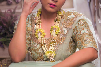 Pistachio real look-alike floral set with Necklaces, shop-by-style, shop-by-vibe, Chandelier Earrings,layered Necklaces, shop-by-style, shop-by-vibe and pair of Bangless