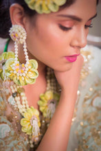 Pistachio real look-alike floral set with Necklaces, shop-by-style, shop-by-vibe, Chandelier Earrings,layered Necklaces, shop-by-style, shop-by-vibe and pair of Bangless