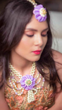 Lavender lusture floral Necklaces, shop-by-style, shop-by-vibe,tikka,Earrings with multicolor hand Embroidery in centre