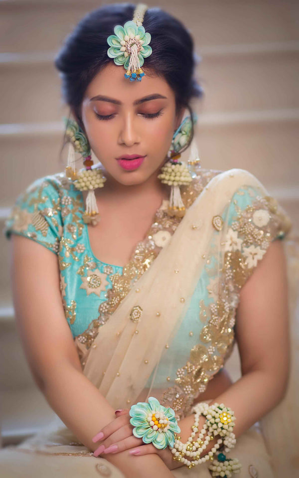 Aqua hydrangea floral haldi bridal Jewelry Tikka with waterfall Danglers