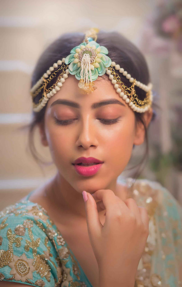 Turquoise Blossom Handmade floral haldi bridal mathapathi with metal accent