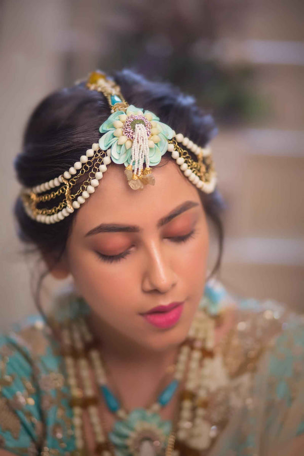 Turquoise Blossom Handmade floral haldi bridal mathapathi with metal accent