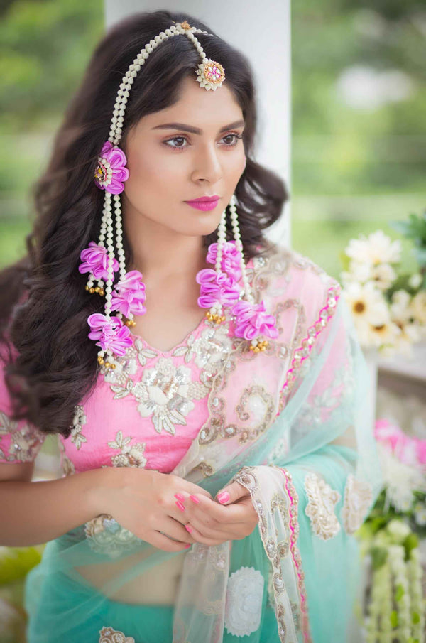 Earrings and Tikka Magenta Bloom set with lilac pink flowers and Danglers