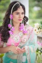 Earrings and Tikka Magenta Bloom set with lilac pink flowers and Danglers