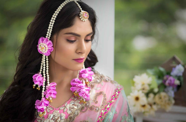 Earrings and Tikka Magenta Bloom set with lilac pink flowers and Danglers