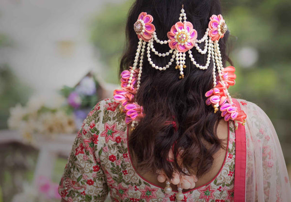 Roseate Garland floral haldi bridal Hair Jewelry with 3 layers
