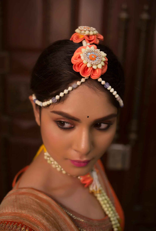 Coral Charm floral haldi bridal Maang Tikka