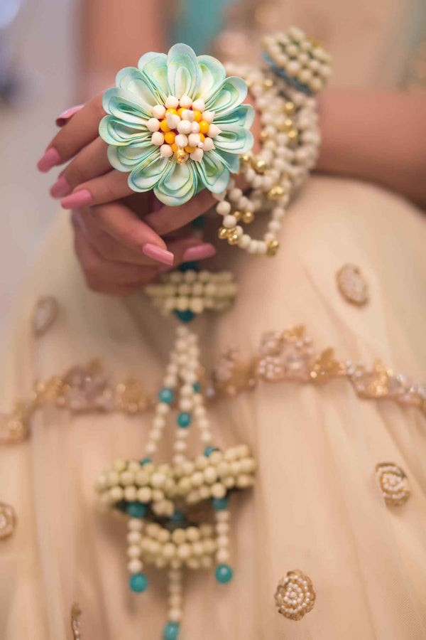 Aqua hydrangea Bridal floral haldi pair of Haath Phool with kaliras (pair)