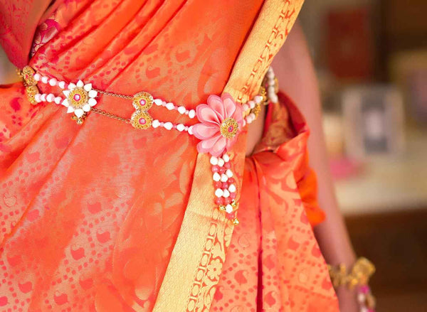 Phoenix real look-alike mogra Kamarband with Pink,peach and Orange Floral Accents and ghungross