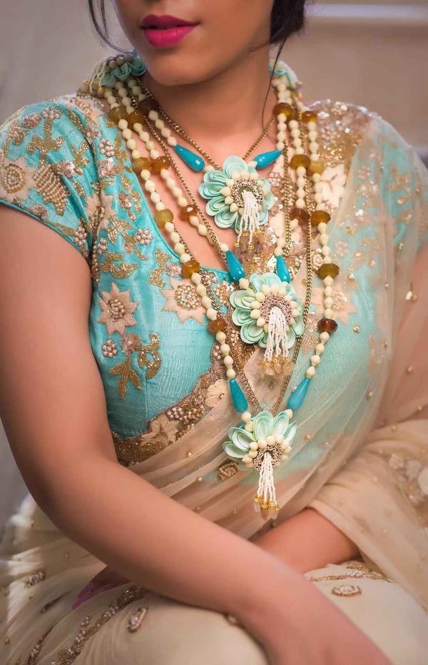 Aqua hydrangea and Gold natural Beaded multistand real look alike Necklaces, shop-by-style, shop-by-vibe with Floral Accents and Pendant